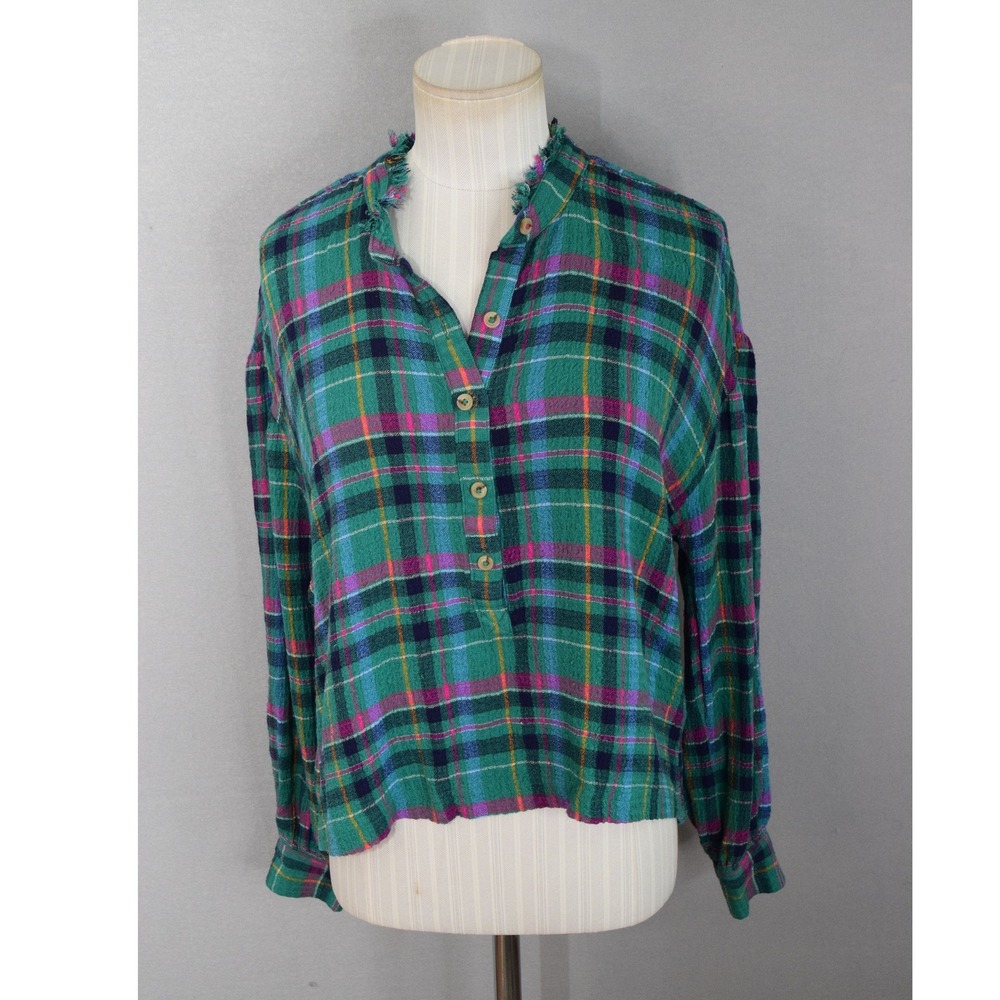 Pilcro Plaid Shirt Henley XS Puff Long Sleeve Blouse Womens Cropped XS Green
